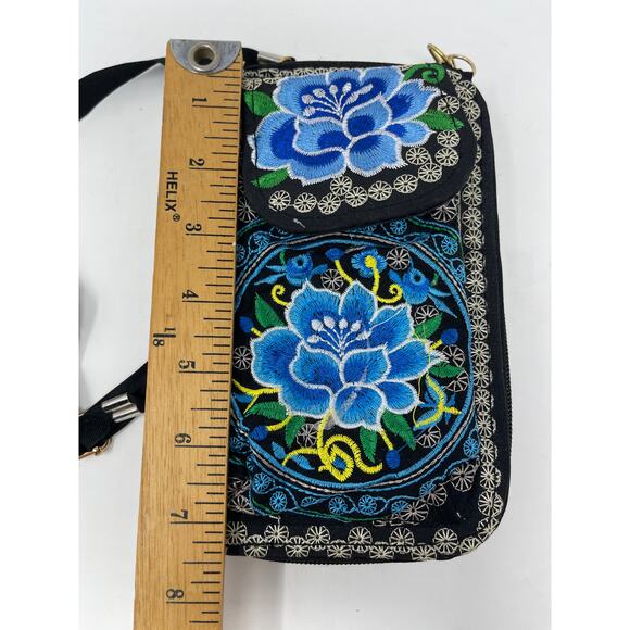 Blue & Black Rose Embroidery Tapestry Zip Around Crossbody Wallet~Made in Mexico - Picture 9 of 12